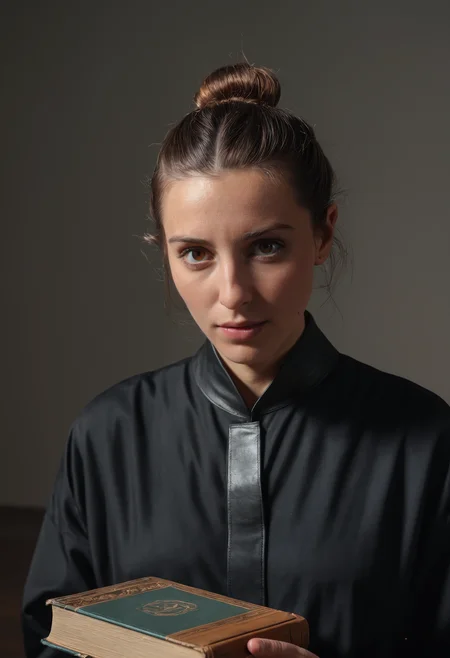 cinematic photo of a Belgian woman, study with leather-bound books, wearing floor-length long sleeve abaya-style dress with minimal detailing, low messy bun with pencil, modest face expression, dynamic angle, sdxl_cyberpositive_photo