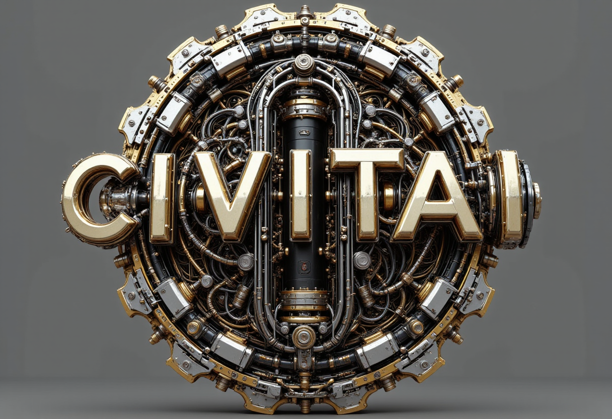 pinkmechalux, A highly detailed CGl rendering of a futuristic,metallic,gear-like structure resembling the word "CIVITAI". The design features intricate mechanical components,including brass and silver gears,cables,and a central black cylinder.