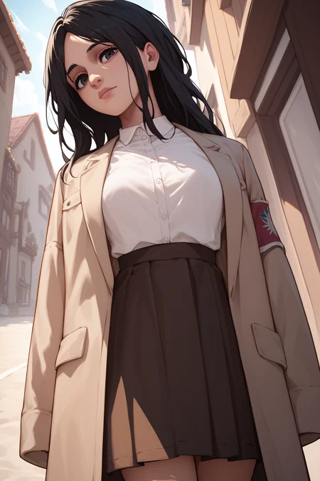 score_9, score_8_up, score_7_up, score_6_up, score_5_up, score_4_up, source_anime, <lora:Pieck Finger-PonyXL-lora-Faxtron:0.8> pieck finger, black eyes, black hair, long hair, medium breasts, beige jacket, white shirt, brown skirt,