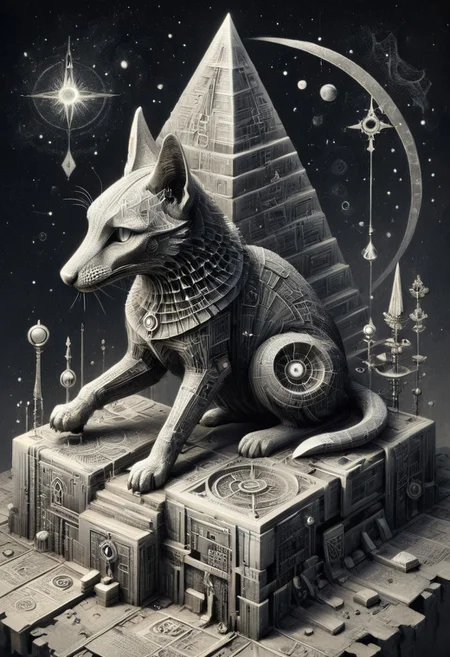 a drawing of Lunar Anubis, cat performing alchemy of etheral symbol quintessence, (one paw raised showing the eye of chemigram:1.1 eye of hamesh (with rays coming out of it), OverallDetail forging cluster astral keys.<lora:UFO_Alchemy_sdxl:1.0>,( <lora:symmetrical:1.5> (negative space tetrahedal trees ((revelation of method,PStyl3 )), <lora:Maximalist_Drawing_BW:0.2>)), (map QuinnMora, HaroldFiskMeander background:1.4), framesmade of checkerboard layer, , no human, ((sigil of pyramid, sigil of great power, frames cube FancyTurning:1.5), (three planes) X Y Z in occult space