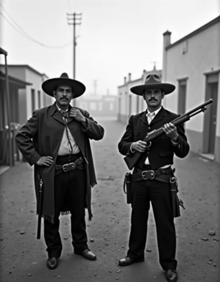 <lora:Mexican Noir Style-flux:1> mxnoirsty, black and white, dark, Duel at Dawn â Mexican Revolution Showdown (Captured with a Vintage Leica IIIC, Soft Morning Fog for Atmosphere)
Two revolutionaries, their sarapes draped over their shoulders, stand in a dusty town square as the first light of dawn spills over the rooftops. One adjusts his wide-brimmed sombrero, his leather gun belt tight across his chest, his pistol glinting in the dim light. The other, a former friend turned enemy, grips his rifle, his expression hard as stone. The quiet is heavy, only disturbed by the distant braying of a mule. Shot on a vintage Leica with a soft focus on the morning fog rolling in, the scene captures the inevitable tragedy of a brotherhood torn apart by war.