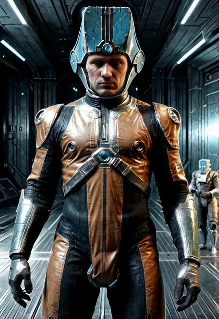 Corpus crewman in a spaceship corridor, science fiction, dramatic shot, male focus, 1boy, male corpus crewman wearing corpus crewman helmet, robot, rectangular helmet, blue light bar on helmet, brown and black corpus crewman suit, (helmet with hard edges, helmet with a flat front face, helmet with hard corners, helmet with blue light strip), black shoulder pad, tubes from metal chest plate, black gloves with silver palms, blue circle near hips, metal bands below fore arm, fit, athletic build, square patch on thigh, holding electric baton,
realistic texture, realism, best quality,
(((Corpus, corpus crewman, Tan and black corpus suit, corpus tileset, Corpus helmet, wearing helmet, wearing corpus helmet,))) moa in the background, two legged robot in the background,