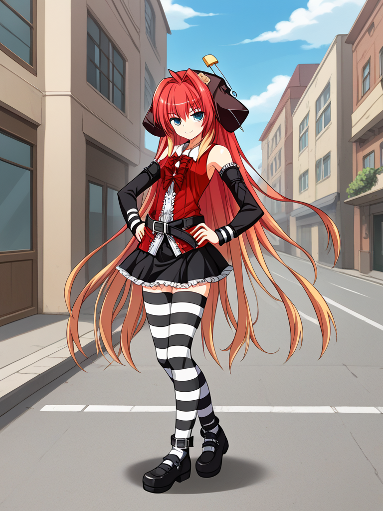 1girl, solo, momijiEXAEXSFA, red hair, gradient hair, very long hair, multicolored hair, single hair intake, ahoge, aqua eyes, hat, red shirt, collared shirt, detached sleeves, bare shoulders, neck bow, red bow, black skirt, frills, belt, chain, asymmetrical legwear, single thighhigh, single sock, striped, mary janes, outdoors, street, standing, hands on hips, smile, teeth, full body,