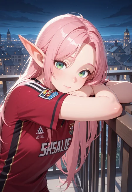 masterpiece, best quality, amazing quality,,<lora:afkArenaIllustrious:1>
afkarenastyle,
1girl, female elf, solo, portrait, female focus, pink hair, green eyes, slim, long hair, hair swept to one side, light skin, melancholy expression, leaning on railing, leaning forward, looking at viewer, balcony, beautiful, soccer jersey, outdoors, cityscape, night