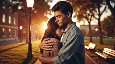 Candid photography of a quiet park at dusk with soft, warm light from the horizon or a lamppost. A taller man and a woman are standing face to face, sharing a deep, emotional embrace. The man's expression is filled with relief, understanding, and love as he holds her tightly. The woman's face is visible over his shoulder, with a peaceful and relieved expression, her eyes softly closed. Her hand rests lightly on his back. The warm light from the setting sun or lamppost adds a comforting glow around them, emphasizing their emotional connection and realization. The background is softly blurred to focus on the couple. <lora:Sherry-00:1><lora:SelestaFlux1:1>