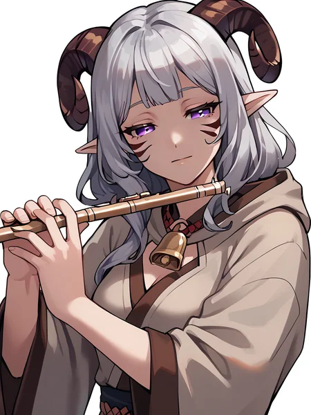 <lora:flute:0.8> flute, holding instrument,, source_furry, score_7_up, rating_safe, cowboy shot, gold necklace, tiefing, short pointed ears,brown horns, (a pair of brown sheep Horns that begin at her temples and curve back: 1.5), bangs,long silver hair long wavy hair, pale skin,<lora:whisker_markings:0.8> whisker_markings:1.4 , pointy ears, purple eyes:1.2, <lora:age_slider_v4:0.6> medium breasts, skinny female, close up, silver hair, <lora:Tieflingnew weird fantasyDND:0.3> Tiefling, pointed ears, horns, half-closed eyes:1.5,<lora:Smooth Style 2 SDXL_LoRA_Pony Diffusion V6 XL:0.5> shepherd's crook, bell, robe, hood off, <lora:Nanoless_Artist_Style_PonyXL:0.3> shaded face:1.2,