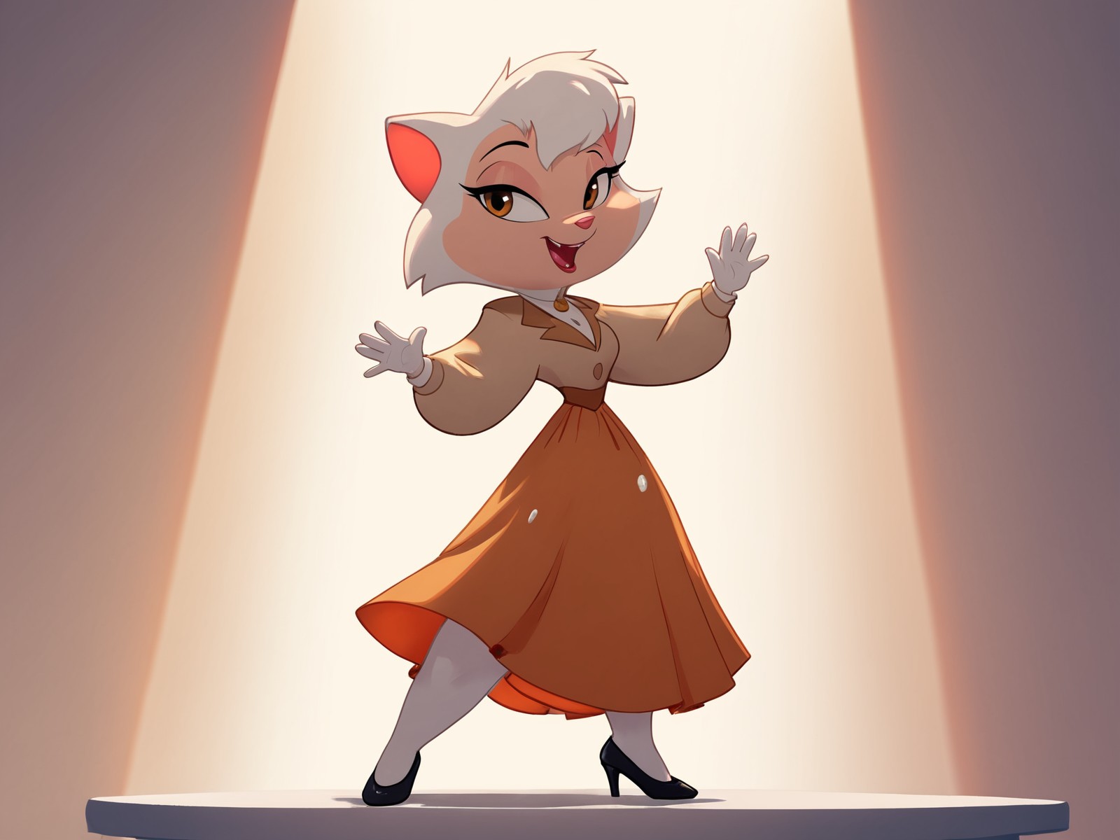 score_9,score_8,source_furry,
<1girl:1.5>,
<solo:1.5>,
cat, cat girl,dressed,feet, heels,full body,
 <lora:Sawyer_CDT_Pony_SDXL:1> sawyer_cat, standing,
dancing,
waving hands,