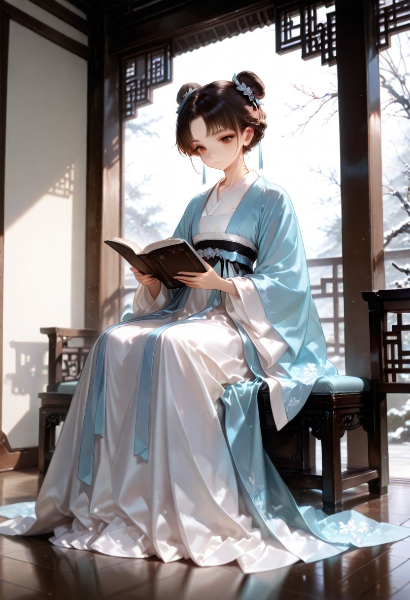 1girl, solo, 4k, hd, ultra detailed, masterpiece, best quality, very aesthetic, absurdres, full body, aesthetic background, detailed background, cute girl, brown eyes, brown hair, double bun, very short hair, hair tucked behind ears, parted bangs, perfect eyes, beautiful eyes, detailed eyes, detailed face, hanfu, beautiful hanfu, detailed hanfu, sitting, reading a book,