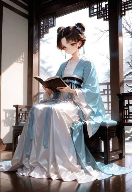 1girl, solo, 4k, hd, ultra detailed, masterpiece, best quality, very aesthetic, absurdres, full body, aesthetic background, detailed background, cute girl, brown eyes, brown hair, double bun, very short hair, hair tucked behind ears, parted bangs, perfect eyes, beautiful eyes, detailed eyes, detailed face, hanfu, beautiful hanfu, detailed hanfu, sitting, reading a book,