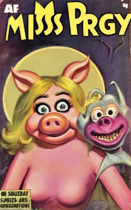 Vintage comics of Miss. Piggy fighting alien demons VintageMagStyle <lora:SDXL-VintageMagStyle-Lora:1>