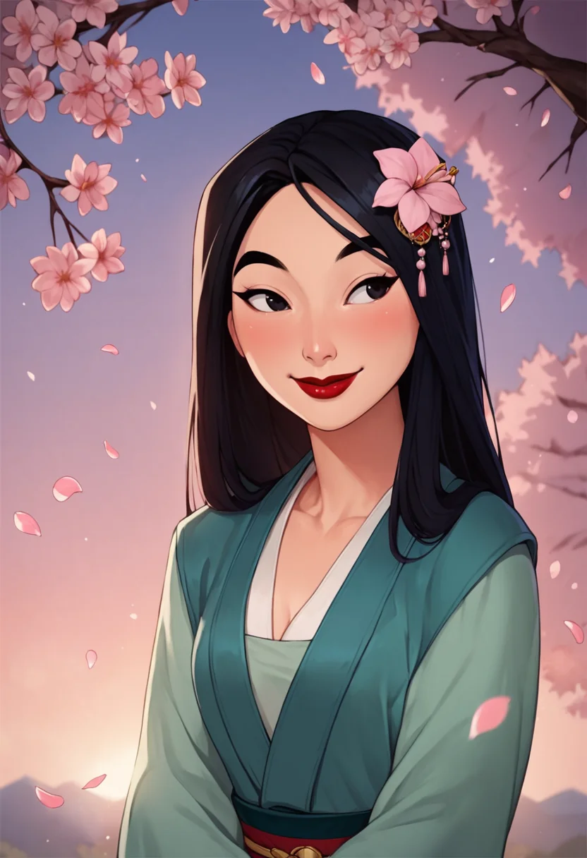 PonyXLV6_Scores,source_anime,masterpiece,best quality, highly detailed, perfect anatomy,amazing quality,
BREAK
<lora:mulan:0.8>mulan,1girl, solo, black hair, flower, smile, hair ornament, hair flower, lipstick, long hair, sitting, red lips, looking to the side, makeup, black eyes, long sleeves, cherry blossoms, korean clothes, blush