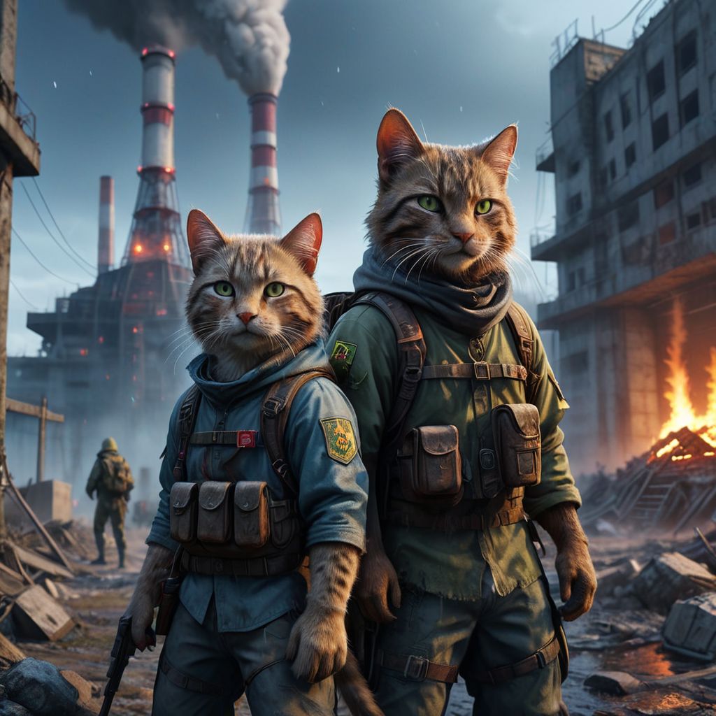 anthropomorphic, two stalker cats, two cats in stalker clothes, backpack and weapon behind their backs, located in the exclusion zone, night, (((two stalker cats sitting by the fire))),Chernobyl, Chernobyl nuclear power plant, detailed equipment, detailed environment, realistic rendering, photorealistic, hyperdetailed. ((best quality)), ((masterpiece)), ((realistic)), ((detailed)), full-length portrait, blurred pale eyes, looking at the viewer, natural light, cinematic photo, grainy photo, noise in the photo, High dynamic range, vivid, rich details, clear shadows and highlights, realistic, intense, high contrast, highly detailed, extremely detailed, depth of field, detailed fur,
Chernobyl disaster, Nuclear power plant was destroyed after the explosion, Apocalypse, fire, minimalist short clothes, anti-social, running, falling snow, cyberpunk destroyed ancient city, complex details, 8k post-production, cinematic color,((off camera)), cinematic photography style, light grain<lora:skj_cinematic:0.8>