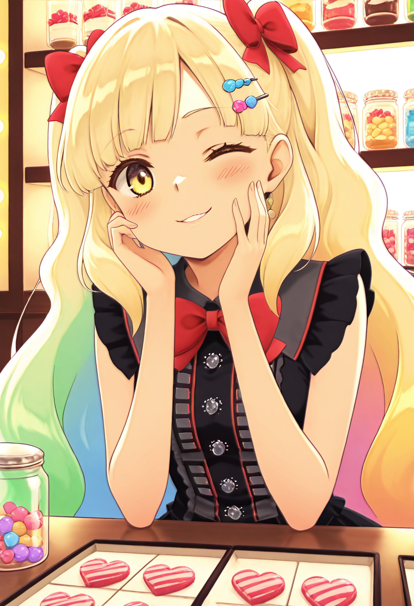 masterpiece, best quality, 1girl, solo,   zzMayu, blonde hair, pink and green hair tips, curly twintails, candy hairpins, striped dress, oversized bow, candy store, lollipop, heart-shaped sweets, glass jars, colorful candy shelves, leaning on counter, playful smirk, one hand on cheek, wink, close up, cute clutter, pastel lighting, rainbow sparkle bokeh    narrow waist,  , <lora:MAYULoveLogic_IXL:1.0>,