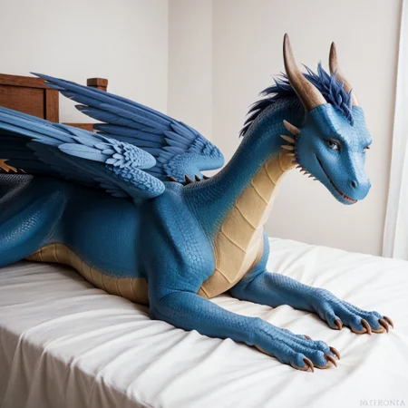 core_9, score_8_up, score_7_up, score_6_up, masterpiece, high quality, realistic, detailed, best quality, 1girl, solo, rating_safe, source_furry, bedroom, smiling, seductive, looking at viewer, on bed, negative_hand, full body, feral, Saphira_eragon, dragon, blue scales, (feathered wings:1.3), horns, tail, blue eyes, feral, female, 1girl, full body