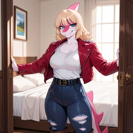 1girl, highres, absurdres, newest, masterpiece, best quality, furry, furry_female, Mia_iwhtg, parasaurolophus girl, white skin, pink head crest, two-tone face, black eyeliner, blonde hair, short hair, pink snout, snout, tail, pink tail spikes, pink tail, two-tone tail, blue eyes, anthro, 1girl, red jacket, white tank top, black belt, ripped blue jeans, brown boots, detailed eyes, (standing:1.1), grinning, smirking, luxurious detailed room, bright room, day scene, professional lighting, white bed, solo, bedroom, smiling, seductive, looking_at_viewer, masterpiece, close up, safe