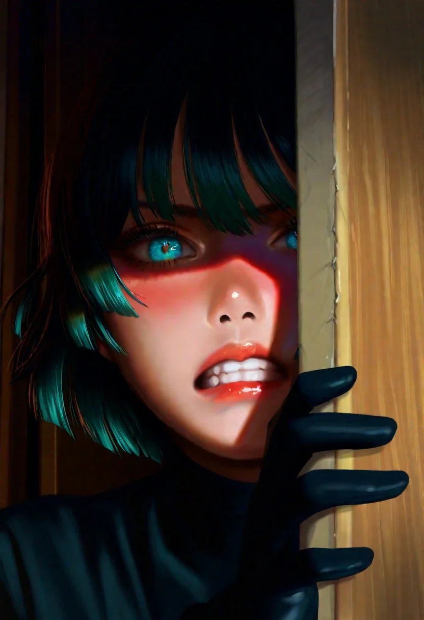 1girl, solo, fubuki \(one-punch man\), ((half of her face seen via small door slit, door barely open, her hand grabbing the door, dark green gloves)), shiny short black hair, hair has green highlights, ((extreme close up on face, face close up, detailed facial features)), specular lighting, ((door cracks around her hand, detailed door cracks)), detailed eyes, glistening pupils, looking at viewer angrily, serious look, slight frowned, blushes, clenched teeth, breathing steam, detailed lips, blushing, oily skin, realistic skin, 
score_9, score_8_up, score_7_up, score_6_up, masterpiece, best quality, very aesthetic, absurdres,  extremely detailed, cover art, painterly, surrealism, matataku,