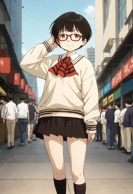 <lora:Hyper-SDXL-8steps-lora:1> <lora:Fixhands_anime_bdsqlsz_V1:1> zPDXL2, score_9, score_8_up, score_7_up, source_anime, intricate details, perfect anatomy BREAK
outdoors, city, tokyo, japan, audience, crowd, standing, cowboy shot, wind, hair flowing in the wind, from side, looking at viewer, hand in own hair, Flirty, A playful smile, arched eyebrows, and a slightly tilted head., 1girl, solo, solo focus,
<lora:dededede-koyama_kadode_XL(pony)v10:1> dededede-kadode, black hair, short hair, brown eyes, glasses, school uniform, ascot, yellow sweater, black skirt, black socks, brown shoes,