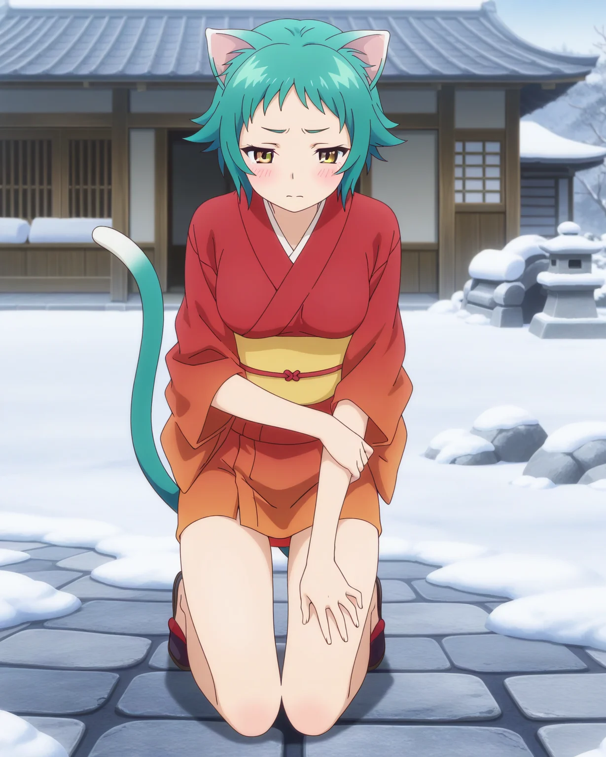 (kimono:1.50), 
ys-yaya, green hair, short hair, yellow eyes, 
1girl, (solo:1.60), skinny,
(masterpiece, best quality, amazing quality, absurdres, high quality, highres, masterpiece), 
blush,
full body
,
(:1.20), 
BREAK,
winter,
,
(anime coloring),
medium breasts,
cat ears, cat tail
<lora:ys-yaya-V01-illXL:0.80>