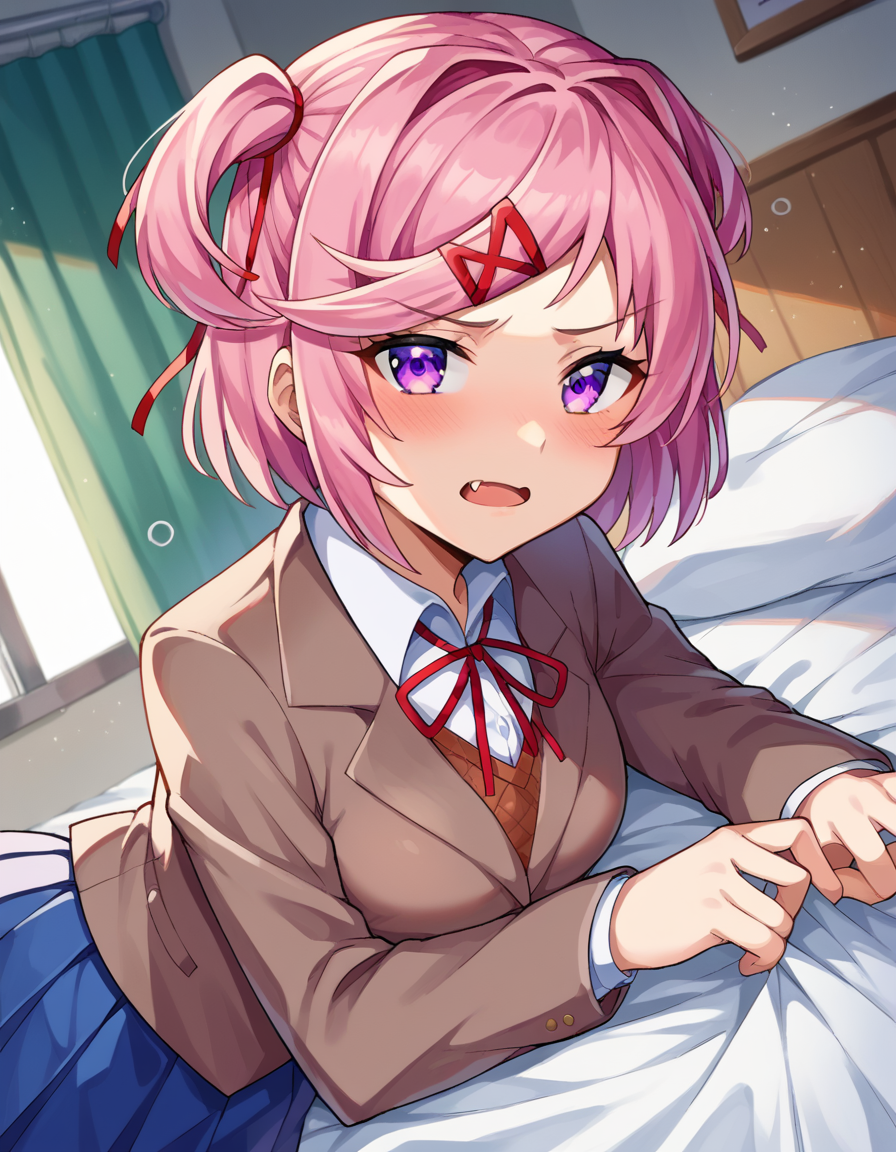 score_9, score_8_up, score_7_up, source_anime,
ddlcnatsuki, <lora:ddlc-natsuki-ponyxl-lora-nochekaiser:1>
ddlcnatsuki, fang, hair ornament, pink hair, purple eyes, short hair, short sidetail, swept bangs, x hair ornament,
blazer, blue skirt, brown jacket, collared shirt, jacket, long sleeves, miniskirt, neck ribbon, pleated skirt, red ribbon, ribbon, school uniform, shirt, skirt, swept bangs, vest, white shirt, wing collar, x hair ornament,
indoors, bed, bed room, on side, blush, drunk,
looking at viewer, dutch angle, cowboy shot,