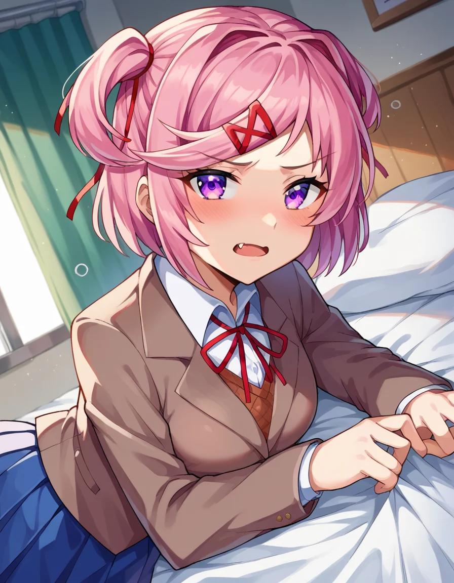 score_9, score_8_up, score_7_up, source_anime,
ddlcnatsuki, <lora:ddlc-natsuki-ponyxl-lora-nochekaiser:1>
ddlcnatsuki, fang, hair ornament, pink hair, purple eyes, short hair, short sidetail, swept bangs, x hair ornament,
blazer, blue skirt, brown jacket, collared shirt, jacket, long sleeves, miniskirt, neck ribbon, pleated skirt, red ribbon, ribbon, school uniform, shirt, skirt, swept bangs, vest, white shirt, wing collar, x hair ornament,
indoors, bed, bed room, on side, blush, drunk,
looking at viewer, dutch angle, cowboy shot,