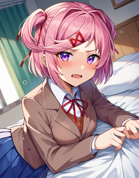 score_9, score_8_up, score_7_up, source_anime,
ddlcnatsuki, <lora:ddlc-natsuki-ponyxl-lora-nochekaiser:1>
ddlcnatsuki, fang, hair ornament, pink hair, purple eyes, short hair, short sidetail, swept bangs, x hair ornament,
blazer, blue skirt, brown jacket, collared shirt, jacket, long sleeves, miniskirt, neck ribbon, pleated skirt, red ribbon, ribbon, school uniform, shirt, skirt, swept bangs, vest, white shirt, wing collar, x hair ornament,
indoors, bed, bed room, on side, blush, drunk,
looking at viewer, dutch angle, cowboy shot,