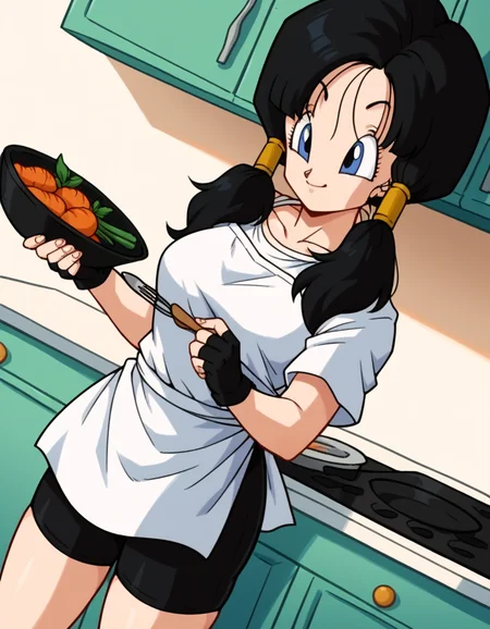 score_9, score_8_up, score_7_up, source_anime, <lora:dbz-videl-anime-ponyxl-lora-nochekaiser:1>, videl, black hair, blue eyes, eyelashes, parted bangs, twintails, medium breasts,, bike shorts, black gloves, black legwear, collarbone, fingerless gloves, gloves, shirt, short sleeves, white shirt,, kitchen, cooking, apron, cutting vegetables, home cooking, smile, looking at viewer, solo,, cowboy shot, dutch angle