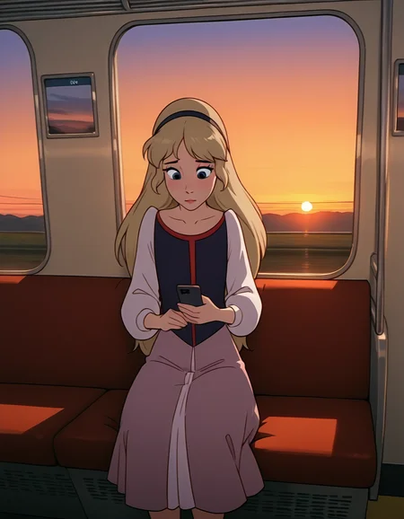 <lora:eilonwy-illustrious-000020:1> eilonwy, dress, hairband, 1girl, solo, train interior, smartphone, sunset, masterpiece, best quality