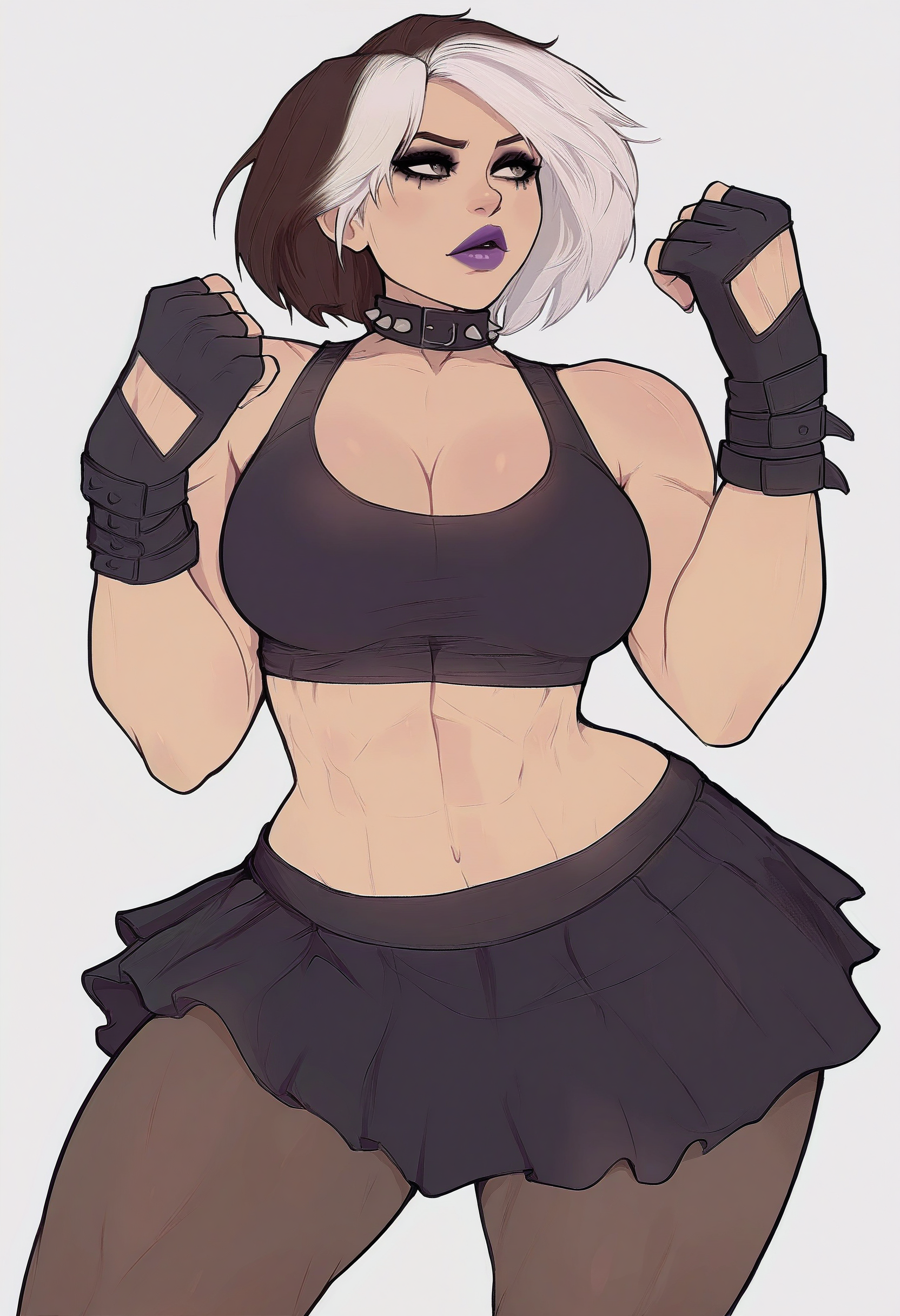 1girl, solo, rogue \(x-men\), goth fashion, makeup, brown hair, white hair, sports bra, skirt, pantyhose, fingerless gloves, spiked choker, purple lips, toned, large breasts, simple background, white background, 
masterpiece, best quality, <lora:yoracrab-guy90-Illust-Lycorisv1:1> barroy