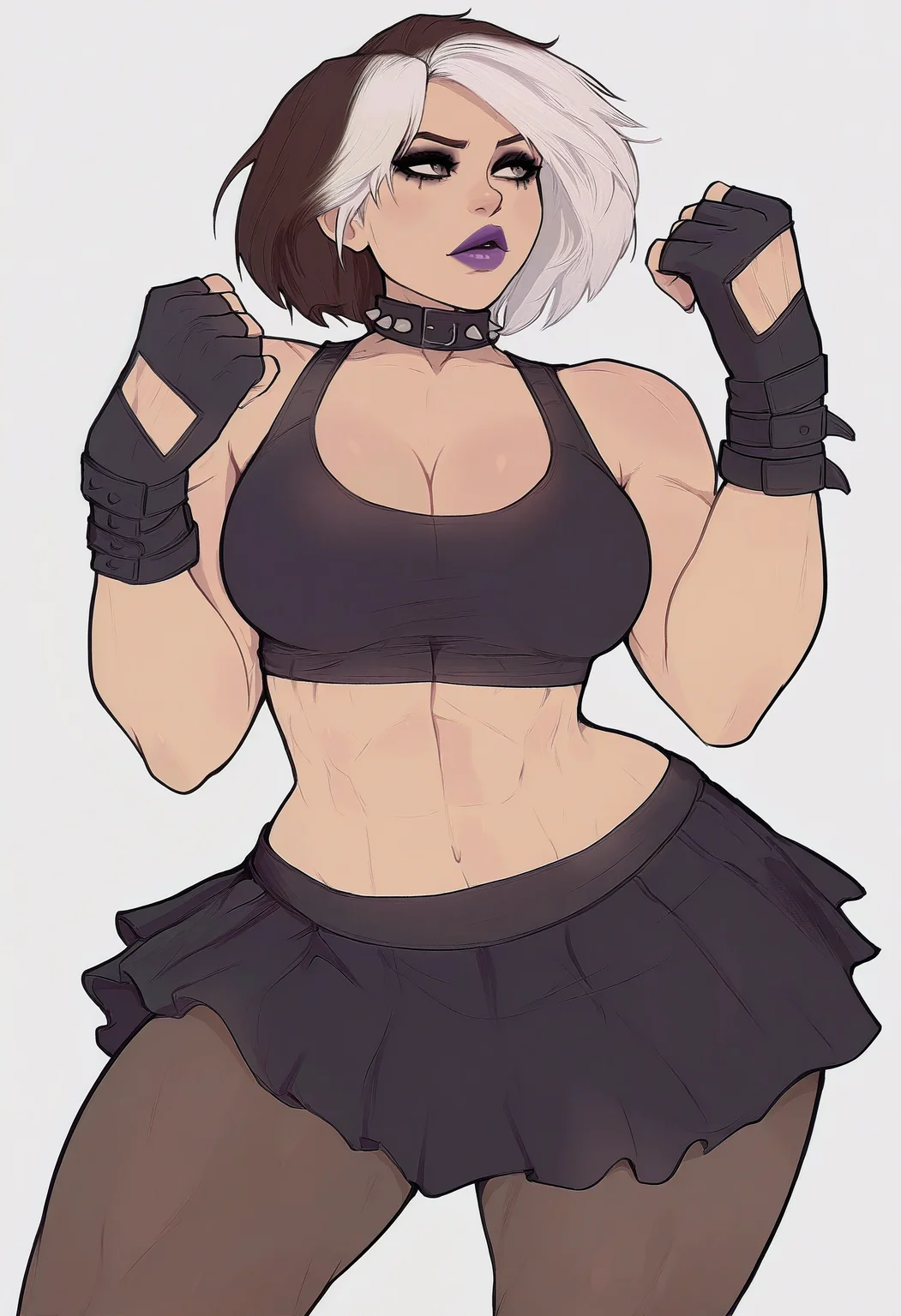 1girl, solo, rogue \(x-men\), goth fashion, makeup, brown hair, white hair, sports bra, skirt, pantyhose, fingerless gloves, spiked choker, purple lips, toned, large breasts, simple background, white background,
masterpiece, best quality, <lora:yoracrab-guy90-Illust-Lycorisv1:1> barroy
