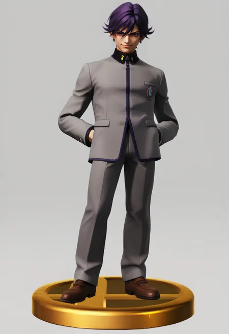 score_9, score_8_up, score_7_up, source_anime, 1boy, solo
<lora:zs_SmashTrophiesXL:1> smashtrophies, faux figurine, 3d, full body, white background, standing
<lora:-pdxl_Fp:1> naoyap1, school uniform, purple eyes, grey pants, single earring, emblem, smirk,