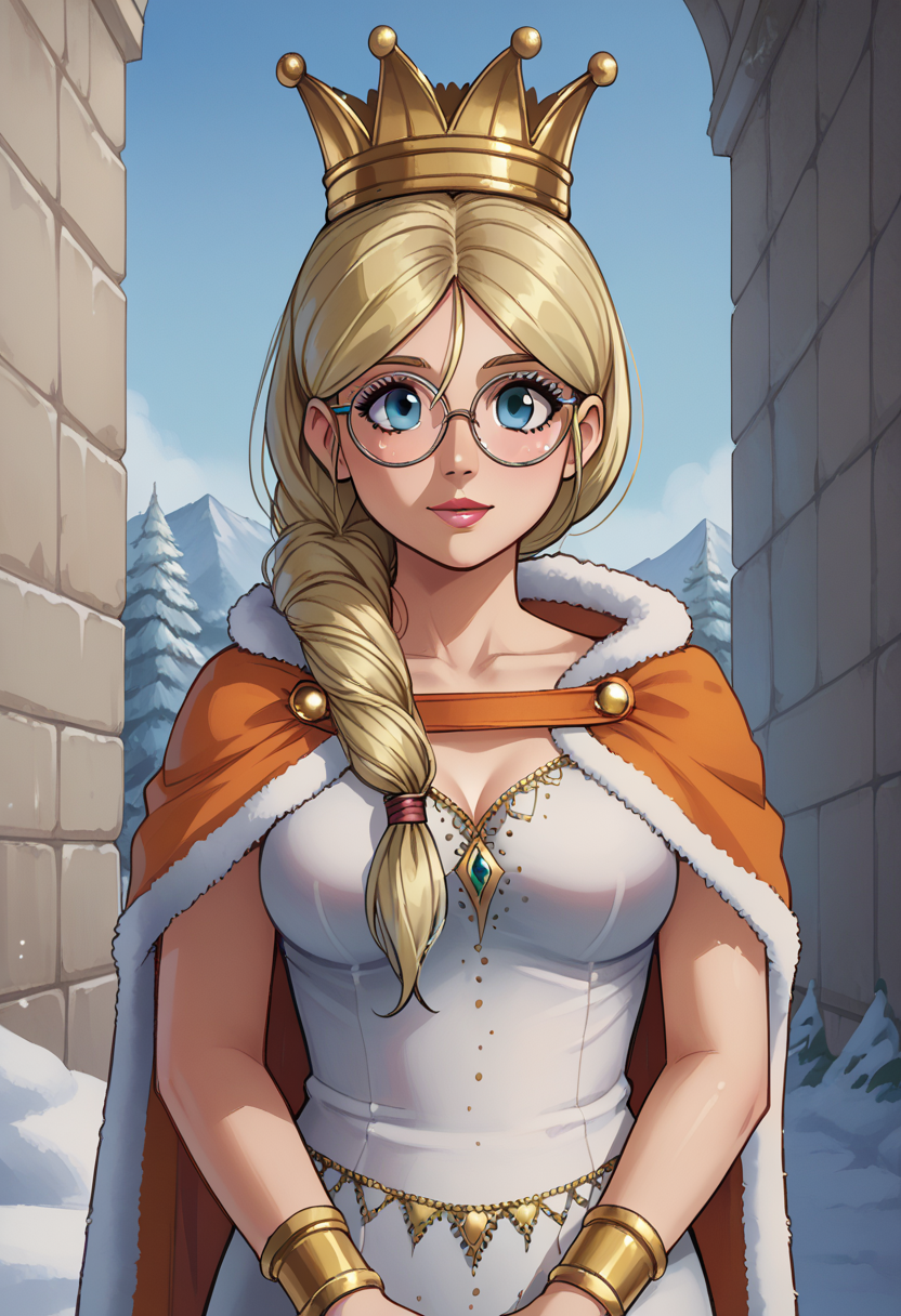 score_9, score_8_up, score_7_up, score_6_up, score_5_up, score_4_up, masterpiece, best quality, BREAK,
1girl, outdoors, snow,  <lora:Queen_Frysabel_DQ:1> frysabel, glasses, long hair, blonde hair female, braid, dress, jewelry, bracelet, crown, cape