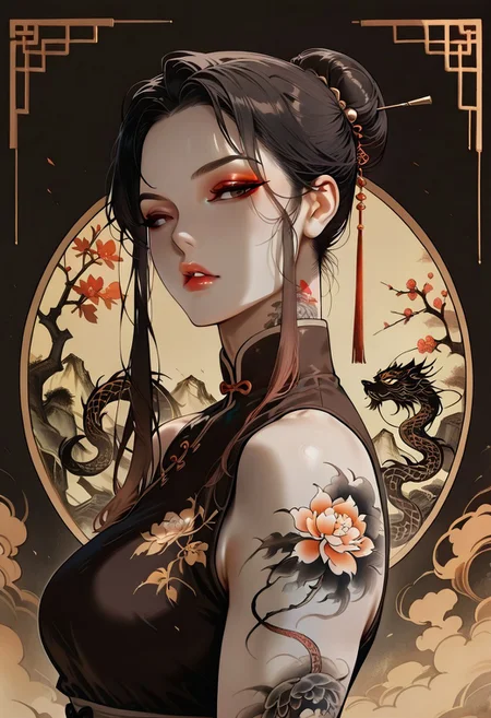 masterpiece, best quality, 32k, high resolution, absurdres, Chinoiserie, Mei, MeiRH,  1woman, mature woman, chinese woman, Very long black hair, brown gradient hair, high hair bun, brown eyes, asian eyes, pale skin, medium breasts,  full right arm tattoo, big back tattoo,  portrait, face closeup, front view, sleeveless Chinese dress, color splashes background, aesthetic, detailed eyes,  upper body, looking at the viewer, parted lips, red lipgloss, eyeliner, makeup