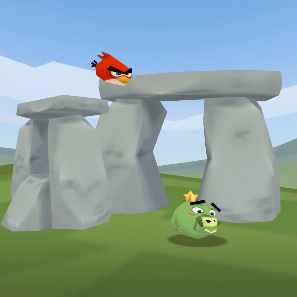 ps1style, red angry bird flying in the air towards stonehenge where a round green pig sits scared