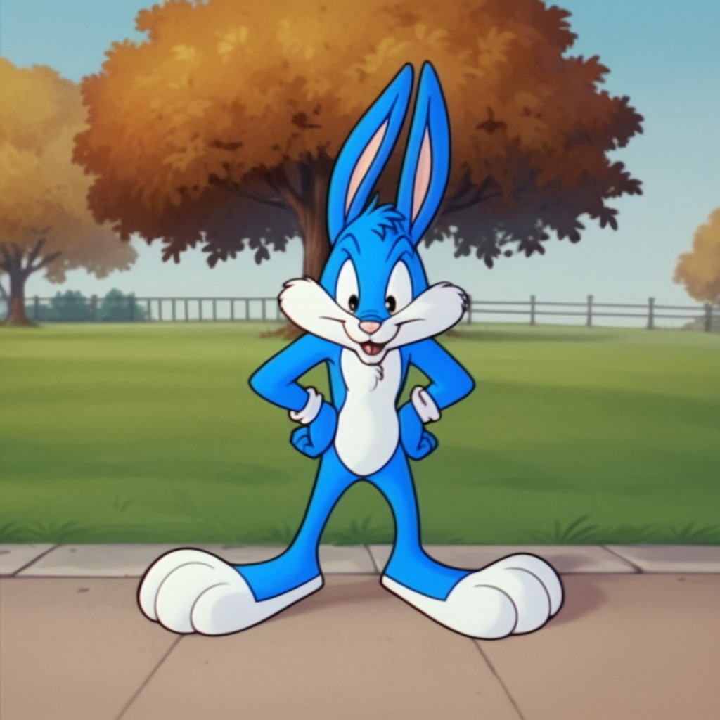score_9, score_8_up, score_7_up, score_6_up, score_5_up, score_4_up, source_furry, bustertta, anthro, male, bunny, blue fur, in a park, full body, hands on hips
