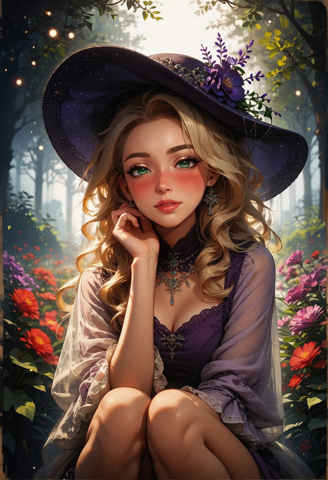 score_9, score_8_up, score_7_up, score_6_up, score_5_up, score_4_up, 1woman, (beautiful face, cute face, 18 years old), blonde, long straight hair, outdoors, plants, flowers, soft lighting, smiling, blush, looking at viewer, nose blush, green eyes, hands between knees, leaning forwards, night, bokeh, moonlight, tan skin <lora:sdxl\Expressive_H-000001:0.6>, expressiveH <lora:sdxl\vixon_pony_gothic_neon:0.4> <lora:sdxl\incase_style_v3_ponyxl_ilff:0.3> <lora:sdxl\sinfully_stylish_SDXL:0.4> <lora:sdxl\wrenchrococodomepdxl-000007:0.8>, purple wrenchrococodome, purple gown, hat