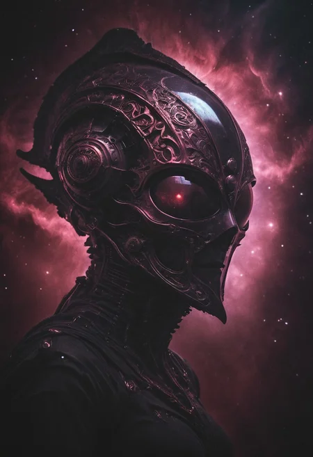 Extreme Closeup, A intricate designed Iron helmet of an medieval Fantasy Warrior inspired By HR Giger, Closeup of two beautiful eyes with Galaxy Iris, pink and red color graded, deep Blacks, very detailed, atmospheric haze, Film grain, cinematic film still, shallow depth of field, highly detailed, high budget, cinemascope, moody, epic