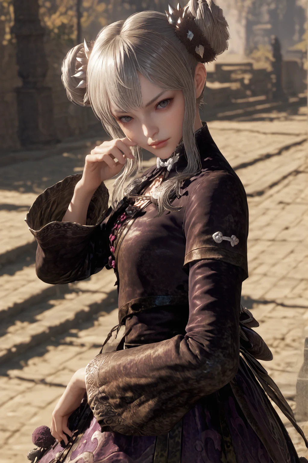 score_9, score_8_up, score_7_up, source_anime, <lora:Dong_Bai:0.8> 1girl, solo, hair bun, grey hair, grey eyes, dress, long sleeves, pantyhose, hair ornament, looking at viewer