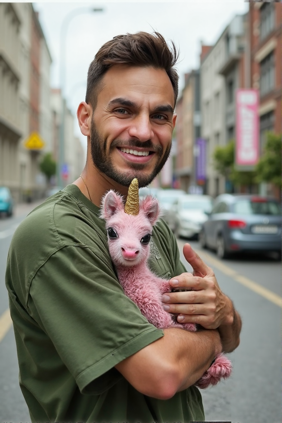A stunning high-resolution photograph of a man holding a baby pink unicorn