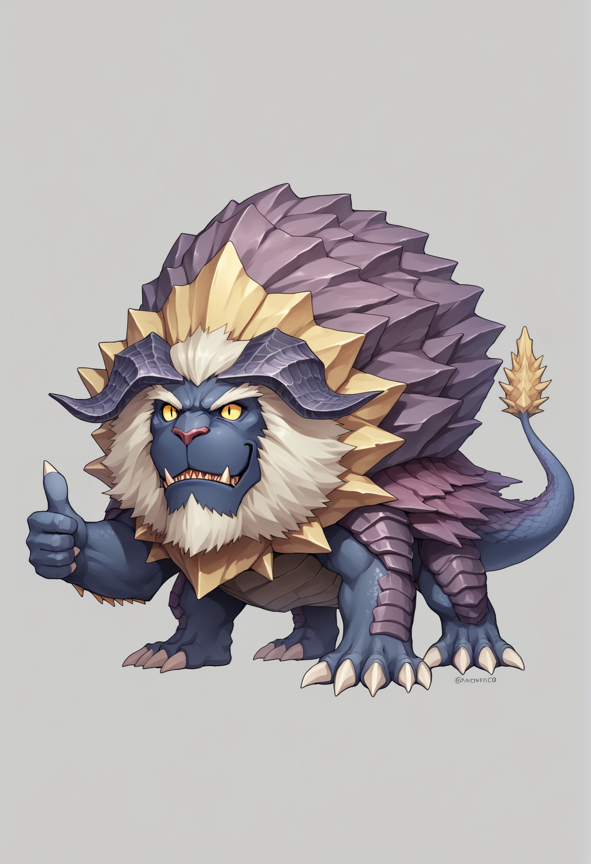 no humans, monster, solo, lion mane, lion face, horns, tail, turtle shell, scales, six legs, spikes, fangs, sharp teeth, yellow eyes, smile, chibi, (((thumbs up)))  <lora:Terrasque:0.8>, score_9, score_8_up, score_7_up, score_6_up, score_5_up, score_4_up, BREAK source_anime, masterpiece