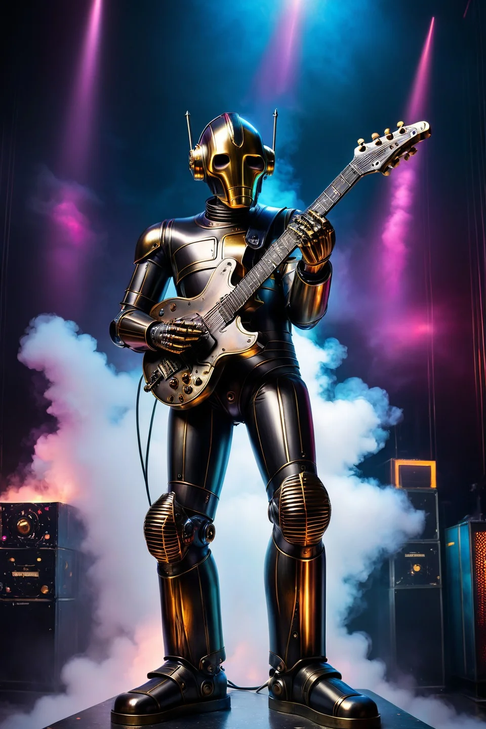 cs-m3tal-400 Neon noir photo of heavy metal robot guitarist striking a pose on stage, coloured spotlights, clouds of stage smoke, very detailed, intricate, Vibrant neon colors, dark urban settings, moody, futuristic, cyberpunk vibes. Rocket launch in the background