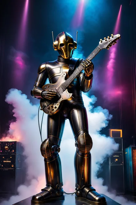 cs-m3tal-400 Neon noir photo of heavy metal robot guitarist striking a pose on stage, coloured spotlights, clouds of stage smoke, very detailed, intricate, Vibrant neon colors, dark urban settings, moody, futuristic, cyberpunk vibes. Rocket launch in the background