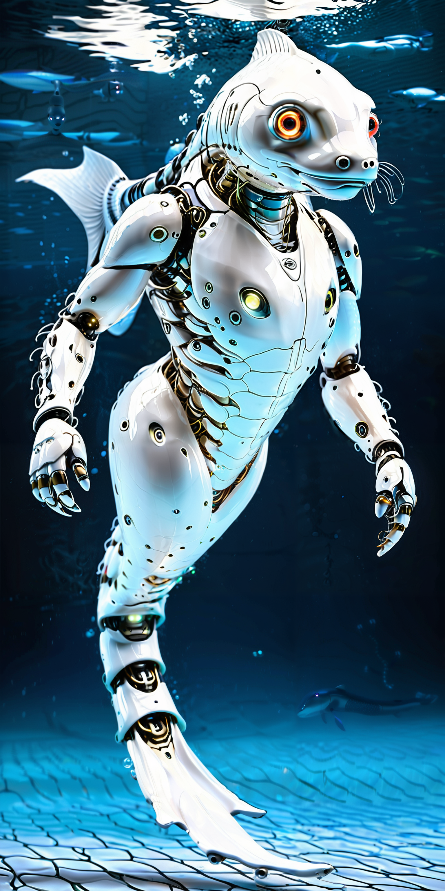 Jed-Rbmls,sleek design, metallic scales, glowing LED eyes, streamlined body, flexible tail, waterproof casing, internal sensors, quiet motors, smooth movements, programmable functions, energy-efficient, pressure-resistant, durable materials, realistic swimming, adaptive behavior, remote-controlled, autonomous navigation, rechargeable battery, underwater camera, sonar capabilities, <lora:Robomals:1>,