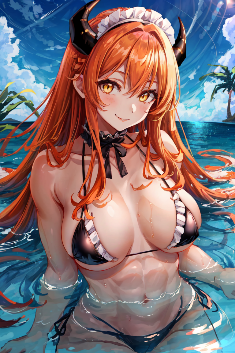 demon horns, 1girl, solo, orange hair, yellow eyes, smile, black maid bikini, sky, partially submerged, maid headdress, frills, full lips, large breasts,closed mouth, muscular,