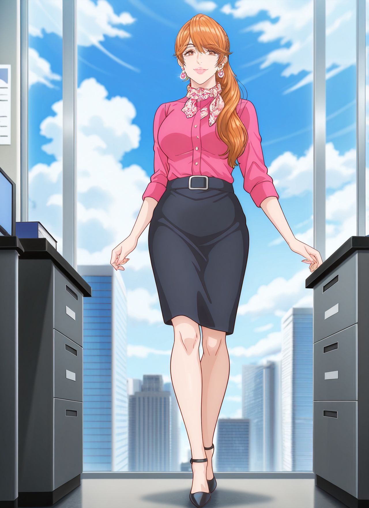 masterpiece,best quality,amazing quality,very aesthetic,absurdres,newest, huge filesize,
<lora:spo_sdxl_10ep_4k-data_lora_webui:0.5>,
<lora:add-detail-xl:1>
<lora:Trillion_Game_V1:1>Trillion Game,
1girl,jewelry,
earrings,solo,long hair,
sky,brown eyes,
cloud,brown hair,
lips,smile,
braid,day,full body, 
ponytail,blue sky,t_kirika,
 office ,skirt,