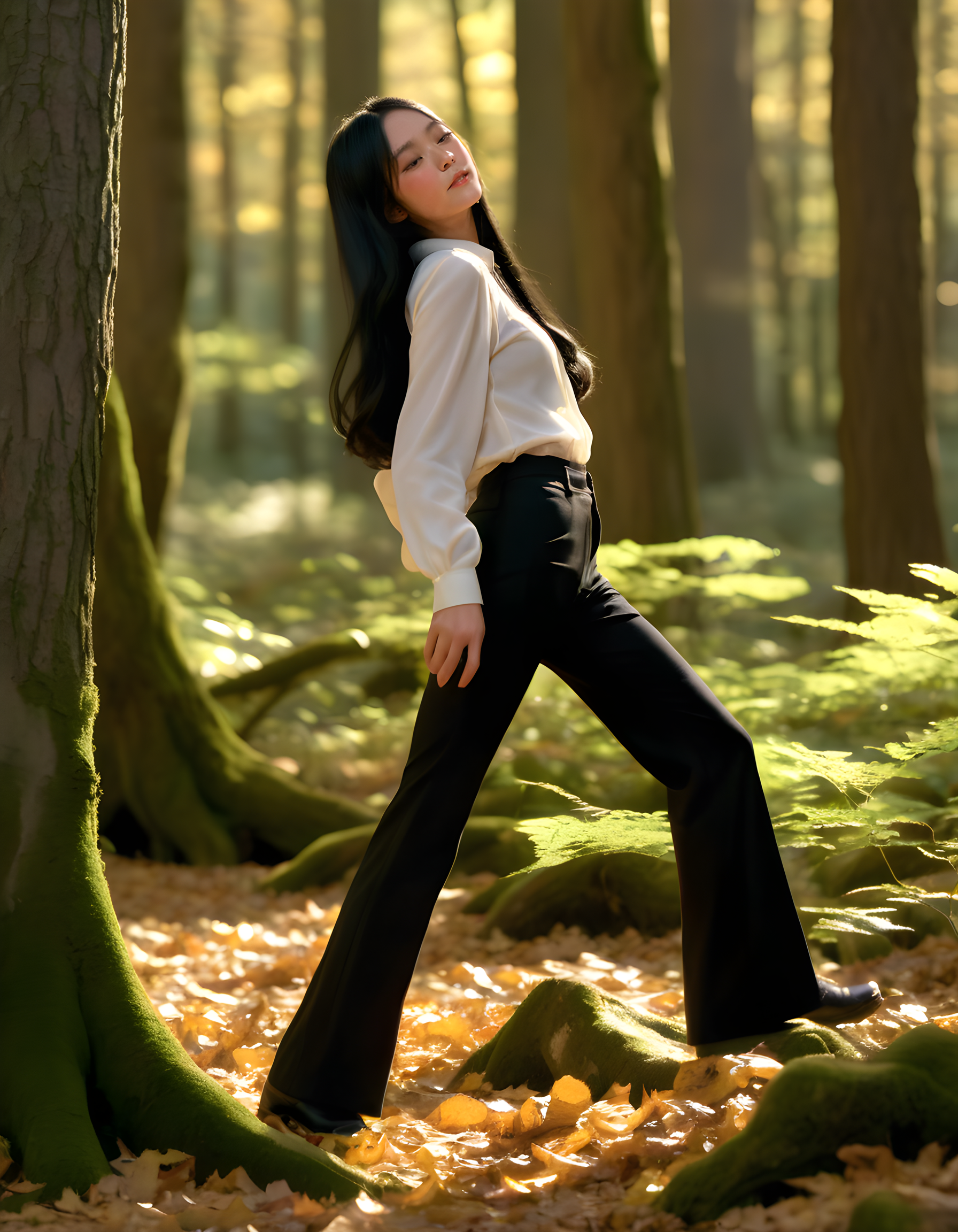 NJZH43R1N, In a tranquil, sun-dappled forest clearing bathed in the golden glow of early morning, stands a woman with long, raven-black hair cascading down her shoulders. She is elegantly dressed in fitted black pants and a tailored, long-sleeved blouse, her posture firm yet relaxed as she gazes off into the distance, holding a delicate, vintage camera to her eye with a quiet determination etched onto her closed, yet expressive face. The forest's verdant canopy creates a mesmerizing pattern of dappled light upon her and the fallen leaves beneath her feet, while the ancient trees standing tall in the background whisper tales of time passed.