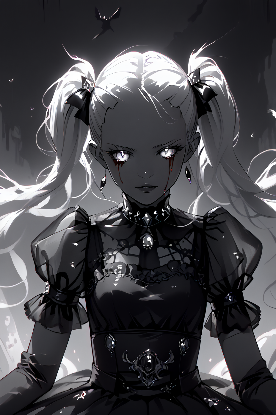 1woman, skinny, skinny legs, sexy, beautiful, white hair, twintails, <lora:HKHorrorPony:1> see through, ectoplasma, hkhorror, masterpiece, best quality, highly detailed, sharp focus, dynamic lighting
 <lora:robot_skin_XL_1.0.6:1> Robot Skin, Android Skin, <lora:Bloody tears:1> bloody tears, score_9, score_8_up, score_7_up, score_6_up, score_5_up, score_4_up, <lora:K040790P:0.8> 040790P, woman, 24 years old, <lora:Breast Slider - Pony_alpha1.0_rank4_noxattn_last:0.3>, <lora:GRIM_v1:0.7>  greyscale, monochrome, limited palette, horror (theme), eldritch abomination, chaotic, silhouette,