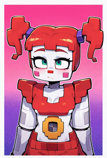 <lora:circbab-06:1> circbab, robot, red hair, twintails, 1girl, masterpiece, best quality, amazing quality, very aesthetic, absurdres, newest,, upper body, halftone effect, white borders, abstract background:1.2,