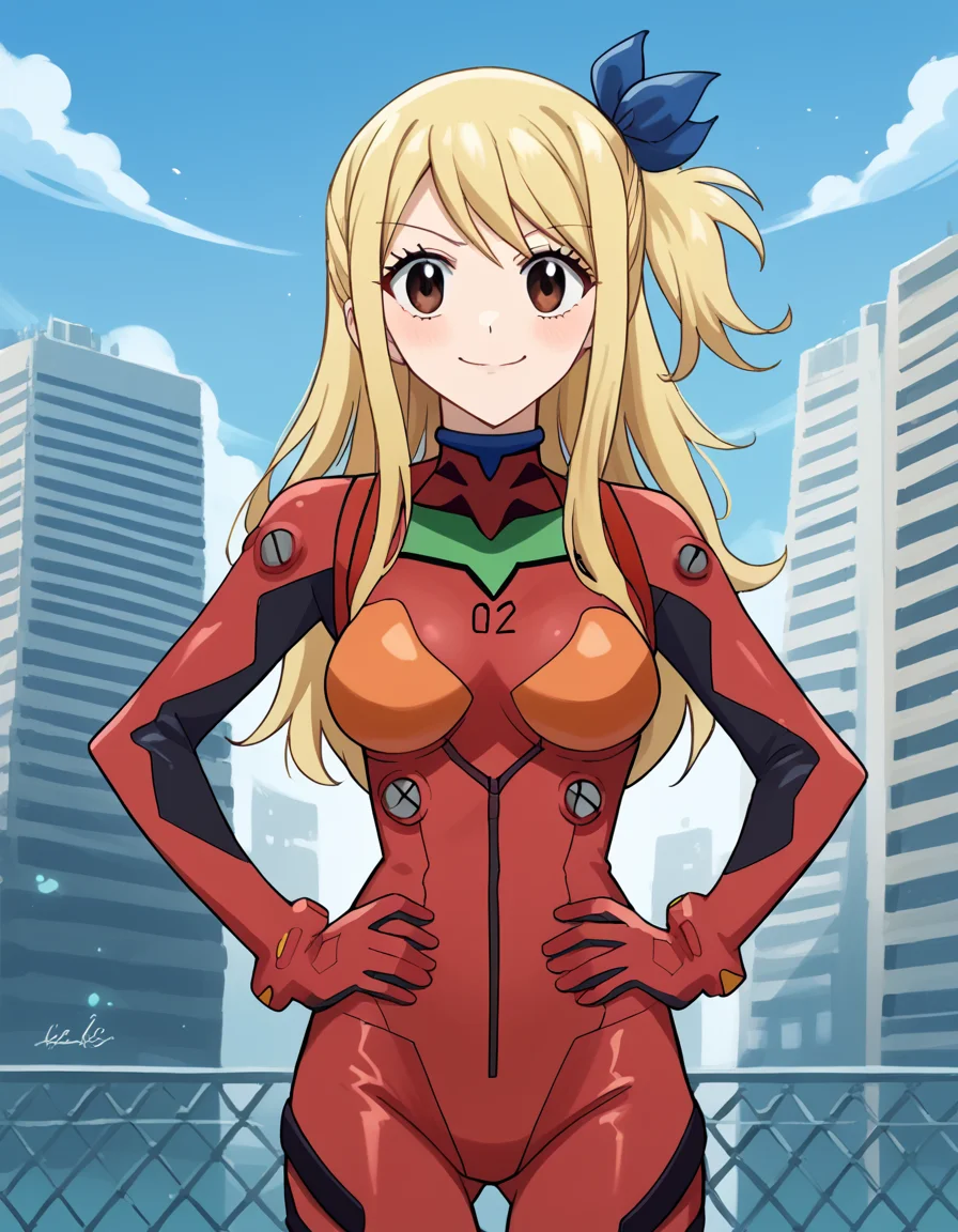 score_9, score_8_up, score_7_up, source_anime, lucyheartfilia, <lora:lucy-heartfilia-s7-ponyxl-lora-nochekaiser:1>, lucy heartfilia, blonde hair, brown eyes, long hair, one side up, ribbon, hair ribbon, blue ribbon,, <lora:souryuu-asuka-langley-cosplay-ponyxl-lora-nochekaiser:1>, souryuuasukalangleycosplay, souryuu asuka langley \(cosplay\), bodysuit, pilot suit, plugsuit, red bodysuit, interface headset,, cityscape, smile, blush, hands on hips,, cowboy shot, dutch angle,