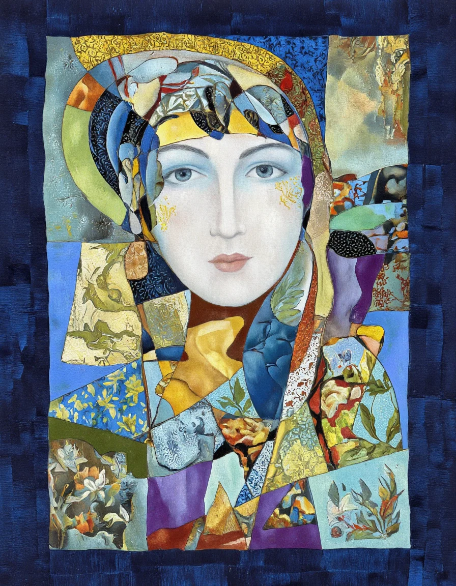 Art by Tigran Matulian. A vibrant and colorful quilted portrait of a woman's face, created using a patchwork technique. the portrait is centered in the middle of the image, with the woman's blue eyes looking directly at the viewer. her hair is styled in a way that frames her face, and she has a serene expression with parted lips and a subtle nose. the woman is surrounded by a variety of colorful fabrics, including squares, rectangles, and floral motifs in shades of blue, green, yellow, and purple, creating a mosaic-like effect. the background is a dark blue with a grid pattern, adding to the overall sense of depth and texture to the image. the overall effect is one of serenity and beauty, with a focus on the intricate details and vibrant colors of the quilting.