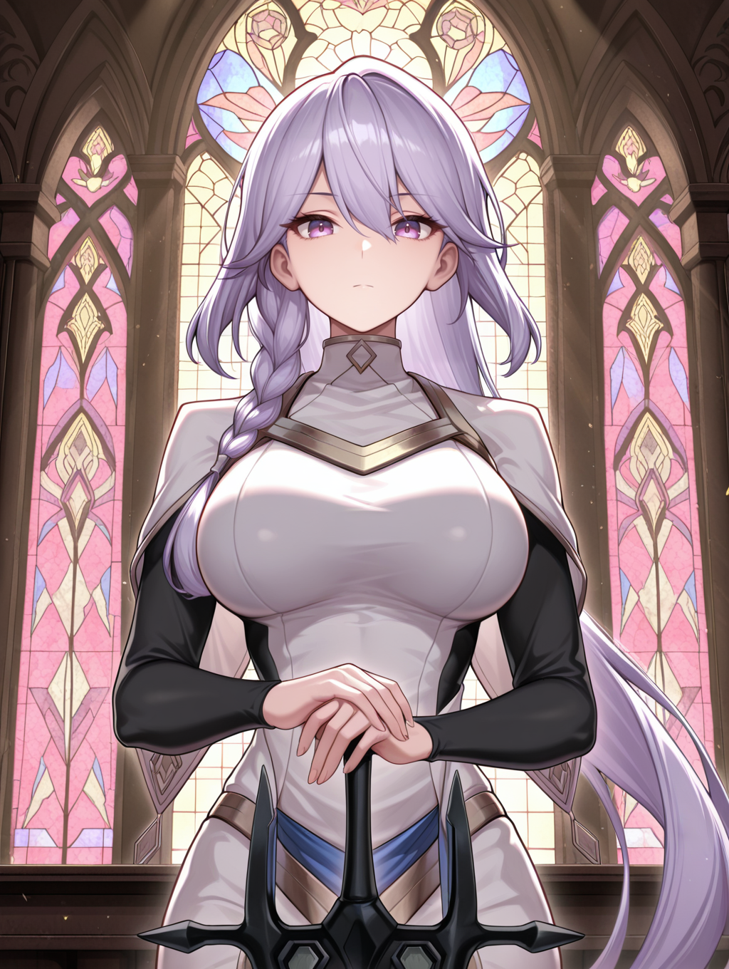 dogmatika fleurdelis,1girl,greatsword,solo,looking at viewer,hand on hilt,large breasts,closed mouth,expressionless,cowboy shot,white dress,white capelet,black bodystocking,castle,stained glass,purple eyes, 
masterpiece,best quality,amazing quality,very aesthetic,absurdres,newest,<lora:Dogmatika Fleurdelis & Ecclesia the Virtuous illuXL v1:0.75>,